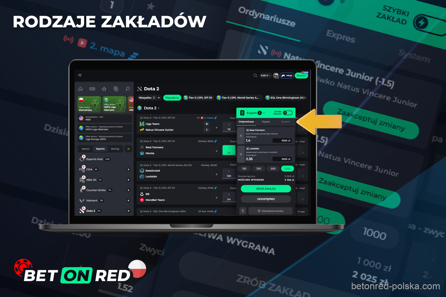 Betonred oferuje kilka rodzajów zakładów na wydarzenia na żywo, sportowe i cybersportowe